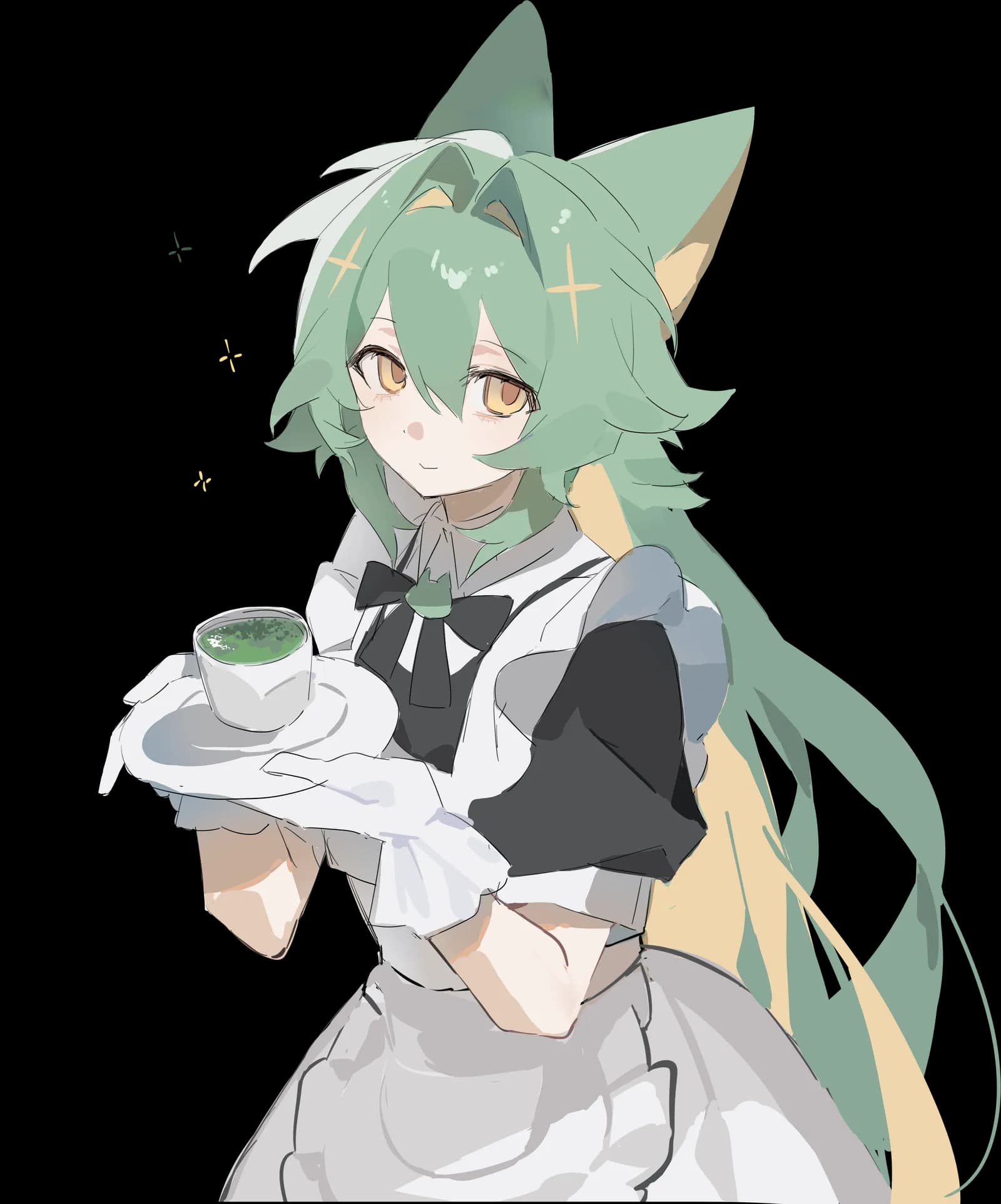 氧氧的原创角色，手持托盘端着一杯抹茶